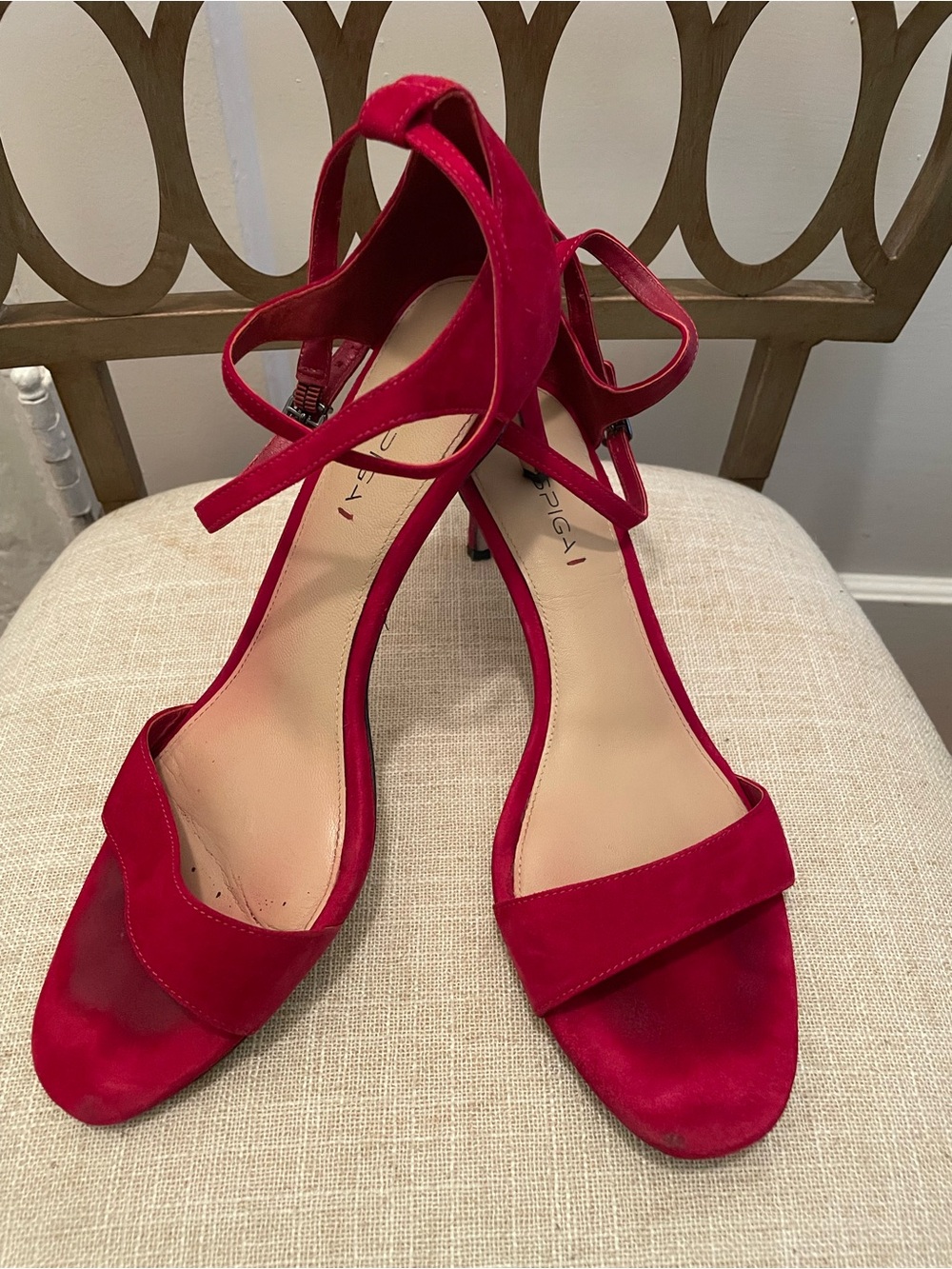 Via Spiga Pink-Red Suede Strappy Mid-Heel Sandals